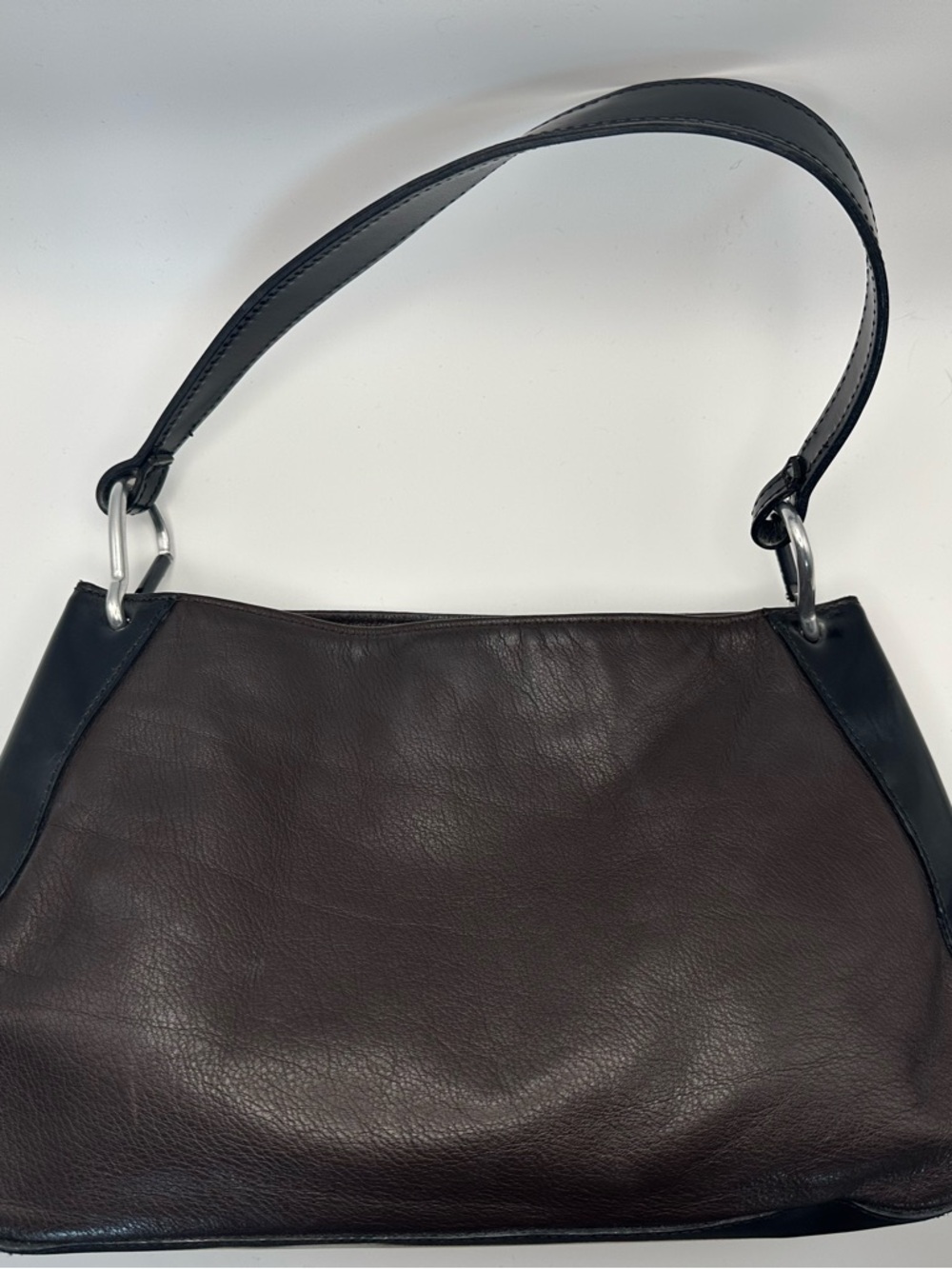 FURLA Dark Brown Leather Shoulder Bag With Patent Leather Trim and Strap